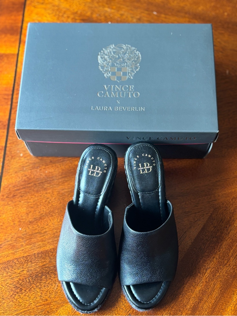 Vince Camuto x Laura Beverlin Black Wedge Sandals